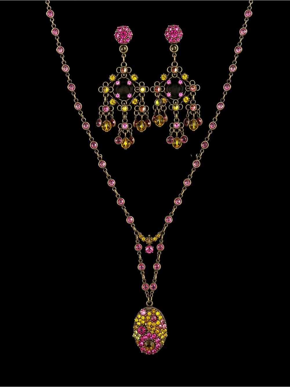 Sorrelli Vintage Pink & Yellow Crystal Locket Necklace & Chandelier Earring Set